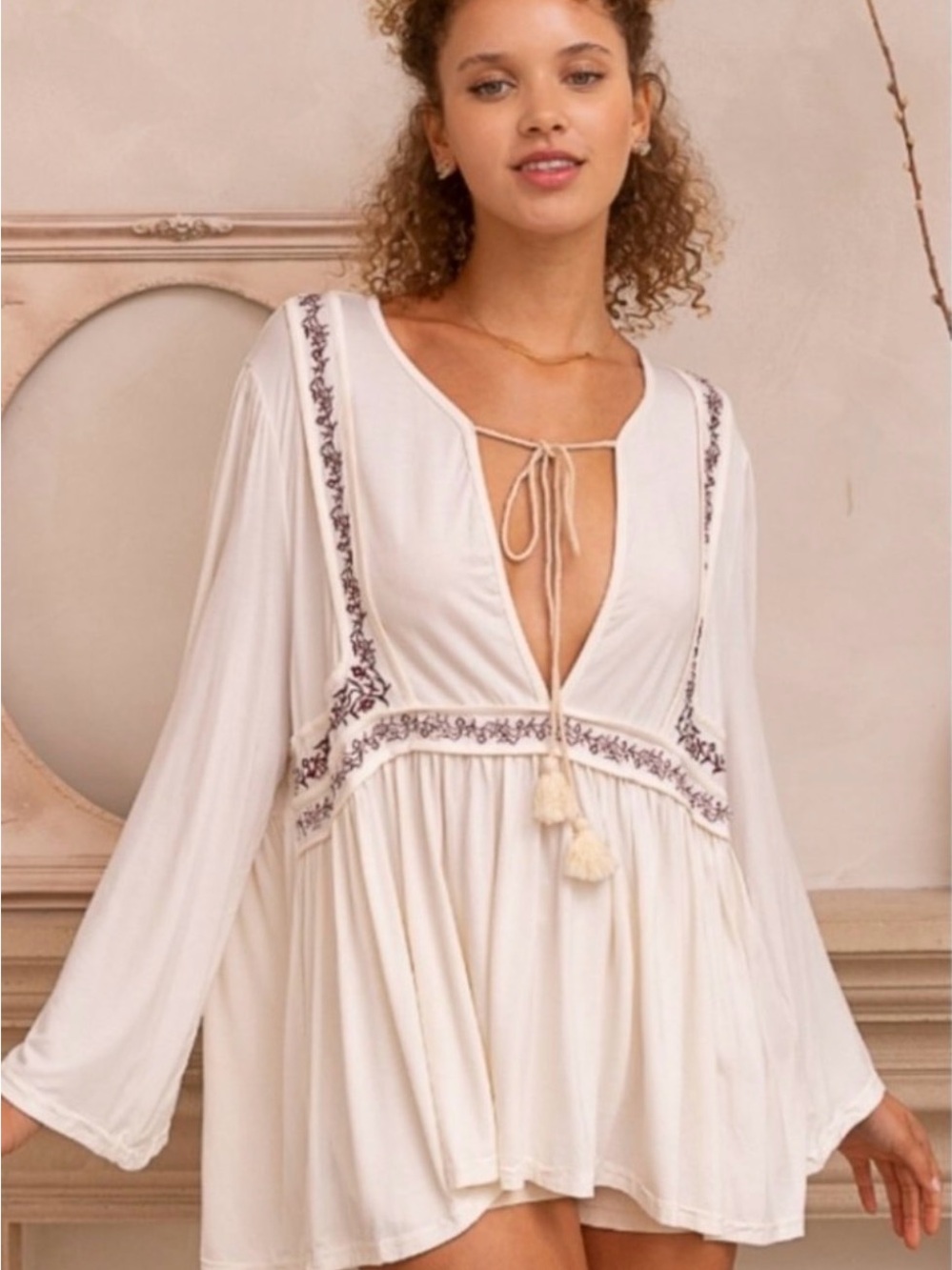 POL Embroidered Peasant Blouse with Bell Sleeves
